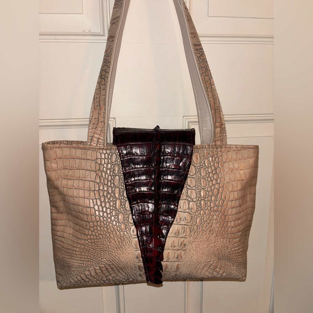 Kemestry Made in USA Croc Embossed Leather Bi-Color Red and Beige Tote Bag
